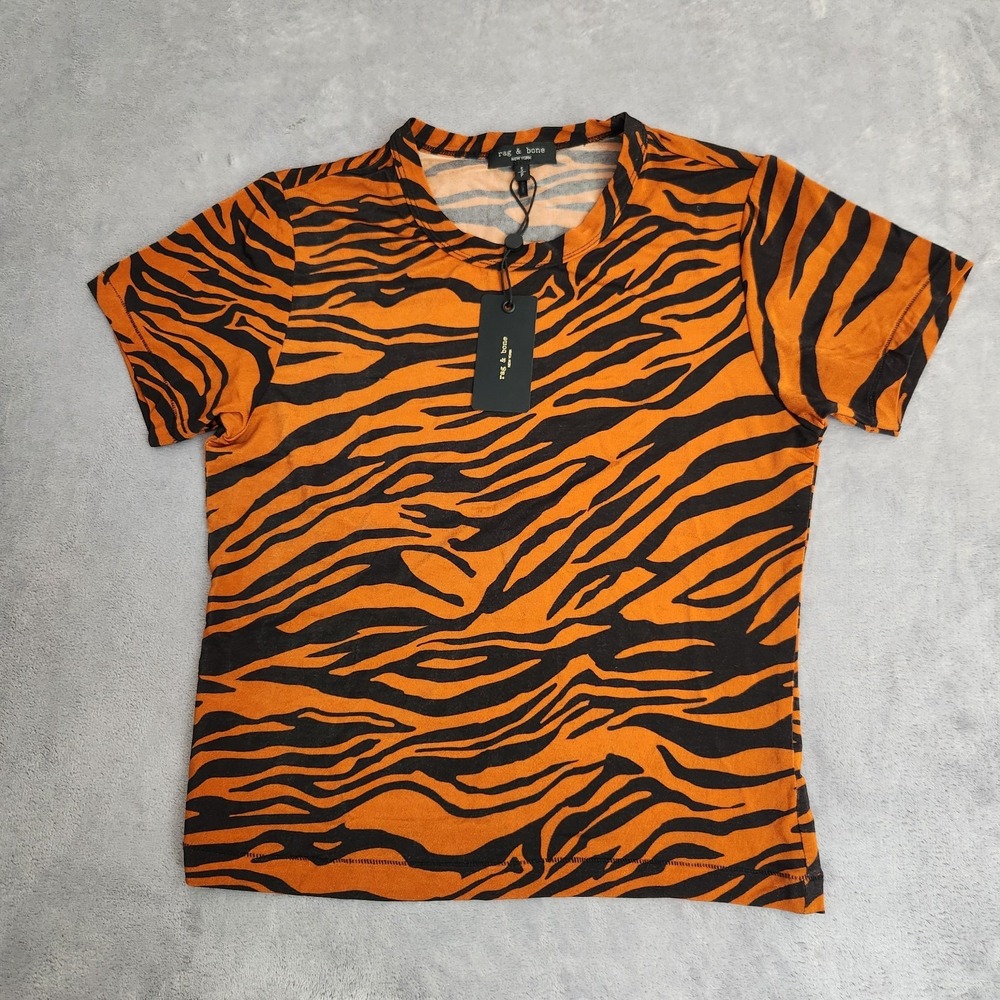 New Rag & Bone Tiger Stripe Viscose Blend T-Shirt Orange Black Small NWT S Tee